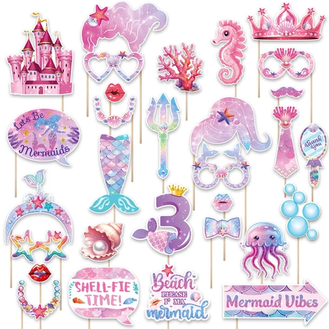 Accesorios para Fotos de Fiesta de Sirena Degradado Rosa Púrpura Estilo Océano Papel Cartón Palos Decoración Cumpleaños