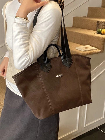 Borsa Tote Grande Capacità in Pelle PU Vintage Minimalista Donna Borsa a Spalla Con Fibbia in Metallo Argentato Quotidiana