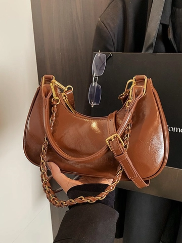 Bolso Hobo de Cuero PU Retro para Mujer Bolso de Hombro Dumpling de Color Sólido con Decoración de Cadena Bolso de Bandolera Moda Casual