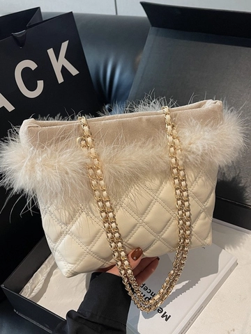 Sac Seau Matelassé pour Femme Avec Décoration en Plumes Artificielles Losange Cuir PU Bandoulière Chaîne Dorée Sac à Main