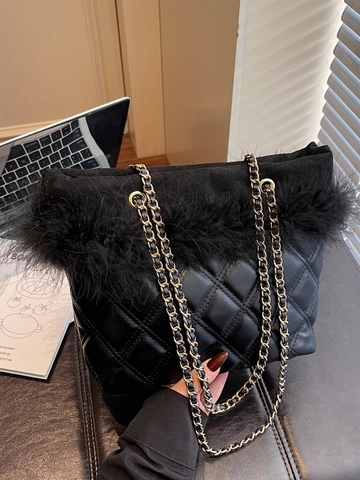 Sac Seau Matelassé pour Femme Avec Décoration en Plumes Artificielles Losange Cuir PU Bandoulière Chaîne Dorée Sac à Main