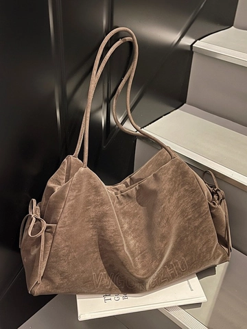 Bolso Tote de Mujer Retro en Gamuza Sintética Gran Capacidad Conmutador Color Sólido Bolso de Hombro Con Detalle de Cordón de Lazo