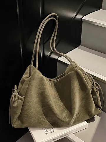 Bolso Tote de Mujer Retro en Gamuza Sintética Gran Capacidad Conmutador Color Sólido Bolso de Hombro Con Detalle de Cordón de Lazo