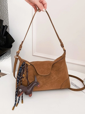 Sac Bandoulière Vintage en PU à Texture Daim pour Femmes Style Coréen Minimaliste Sac à Épaule Avec Pendentif Chien Déplacement