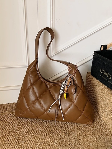 Retro Quilted PU Leather Shoulder Bag For Women Vintage Diamond Stitched Hobo Bag Casual Large Capacity Commuter Handbag
