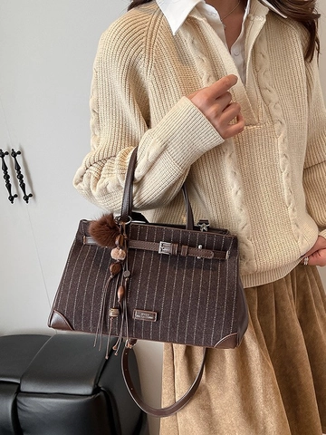 Large Capacity Striped Shoulder Bag For Women PU Leather Pinstripe Handbag With Fur Ball Pendant Commute Tote Crossbody Bag
