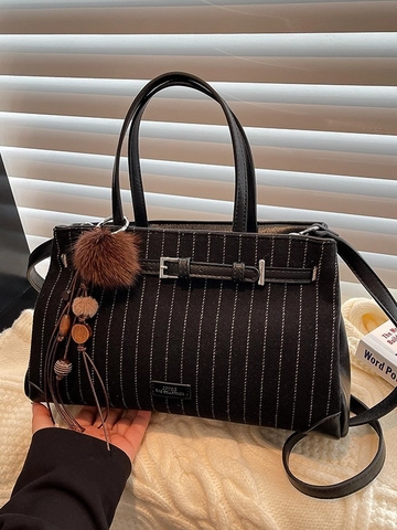 Large Capacity Striped Shoulder Bag For Women PU Leather Pinstripe Handbag With Fur Ball Pendant Commute Tote Crossbody Bag