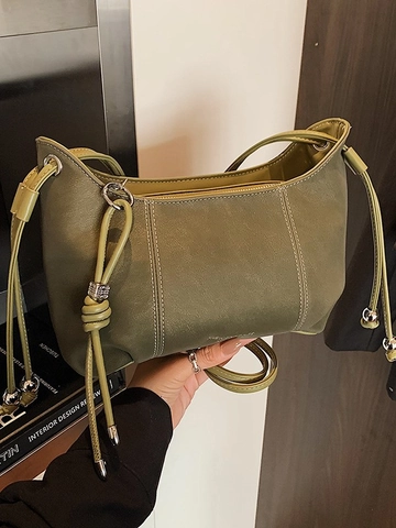Bolso Bombonera de Cuero PU Retro para Mujer Estilo Coreano Color Sólido Bolso de Hombro con Cordón Costura Moda