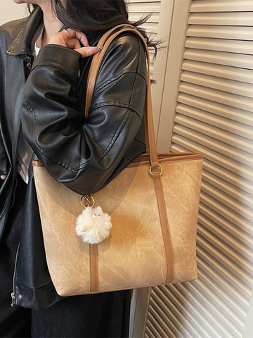 Grote Shopper Van PU-Leer Met Marmerpatroon Voor Dames Stedelijke Minimalistische Schoudertas Met Pluche Hanger