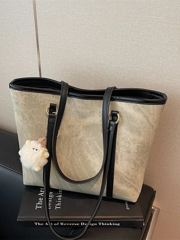 Grote Shopper Van PU-Leer Met Marmerpatroon Voor Dames Stedelijke Minimalistische Schoudertas Met Pluche Hanger