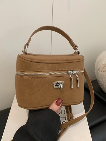 Vintage Women PU Leather Boxy Handbag Fashion Solid Color Square Crossbody Bag With Silver Hardware Zipper Shoulder Bag