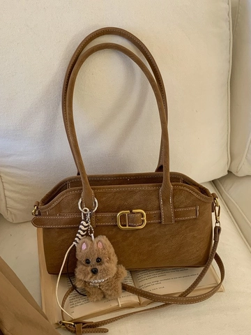 Borsa Sottoascellare da Donna in Pelle PU Vintage Borsa a Spalla Quadrata Minimalista Con Ciondolo a Cucciolo di Peluche