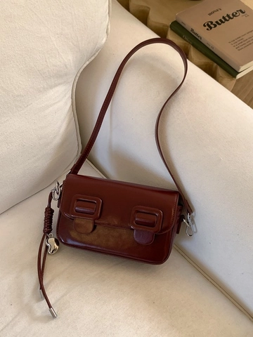 Vintage Women PU Leather Small Square Crossbody Bag Stylish Underarm Shoulder Bag With Double Buckle And Heart Pendant