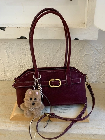 Borsa Sottoascellare da Donna in Pelle PU Vintage Borsa a Spalla Quadrata Minimalista Con Ciondolo a Cucciolo di Peluche