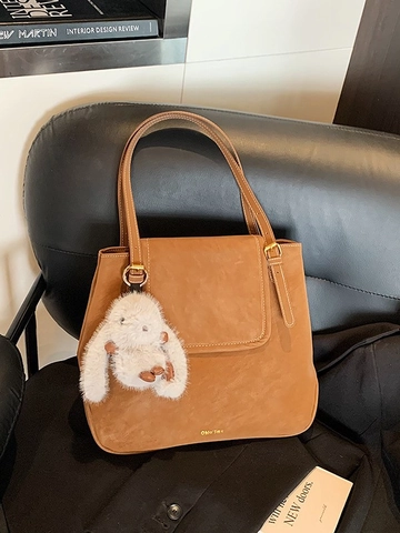 Large Capacity Retro PU Leather Underarm Tote Bag For Women Fashionable Solid Color Shoulder Bag With Rabbit Pendant