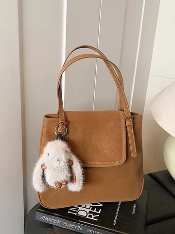 Large Capacity Retro PU Leather Underarm Tote Bag For Women Fashionable Solid Color Shoulder Bag With Rabbit Pendant