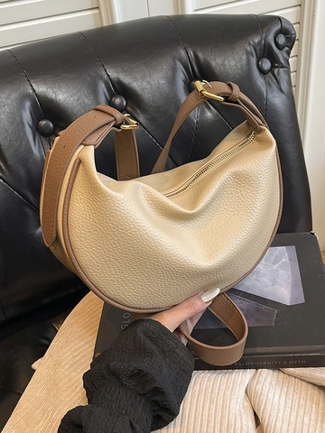 Retro Weiches PU-Leder Sichel Hobo-Tasche Große Kapazität Achselhöhlentasche Für Damen Straßentrend Litschimuster Umhängetasche