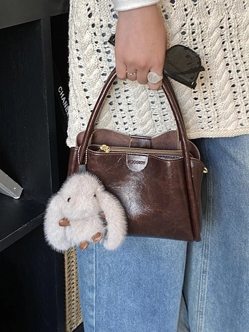 Vintage Damen PU Leder Handtasche Mit Plüsch Hase Anhänger Minimalistisch Öl Wachs Textur Schulter Umhängetasche Mode Henkeltasche