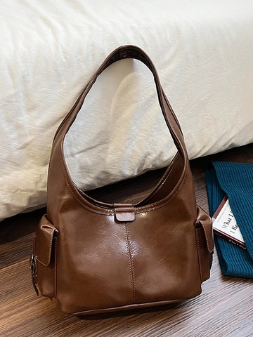 Borsa Sottobraccio Hobo in Pelle PU Retro per Donna Grande Capacità Tote Borsa a Tracolla Con Tasche Laterali Pendolare Moda Urbana