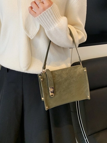 Bolso Bandolera de Cuero PU Vintage para Mujer Moda Color Sólido Bolso de Hombro con Cierre Metálico y Remaches Bolso Casual