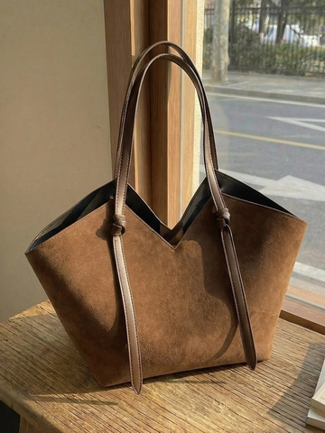 Bolso Tote de PU de Gran Capacidad Minimalista Vintage Para Mujer Bolso de Hombro Casual Retro Color Sólido Set