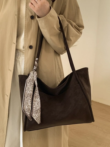 Women's Retro PU Leather Large Capacity Tote Bag With Decorative Scarf Minimalist Solid Color Shoulder Bag For Daily Work