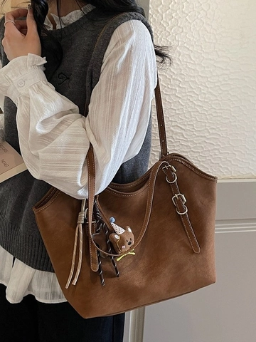 Borsa Tote in Pelle PU Grande Capacità Donna Texture Opaca Borsa a Tracolla Tracolla Regolabile Ciondolo Orso Handbag