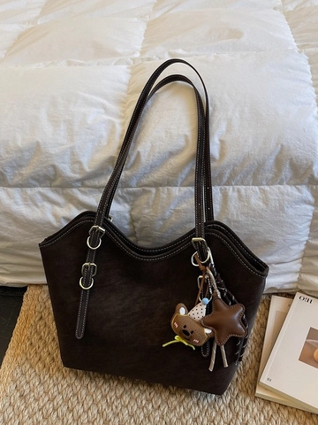 Borsa Tote in Pelle PU Grande Capacità Donna Texture Opaca Borsa a Tracolla Tracolla Regolabile Ciondolo Orso Handbag