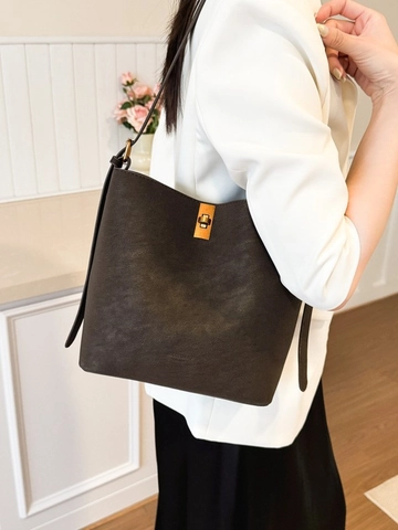 Minimalistische Damen Eimertasche Aus PU Leder Große Kapazität Schultertasche Mit Innentasche Metall Drehverschluss Handtasche