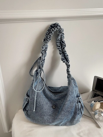 Borsa a Spalla da Donna in Denim Vintage Retro Lavata Grande Capacità Hobo Con Tracolla Plissettata e Tasche con Coulisse