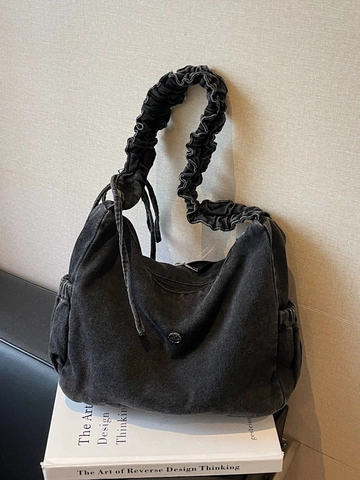 Borsa a Spalla da Donna in Denim Vintage Retro Lavata Grande Capacità Hobo Con Tracolla Plissettata e Tasche con Coulisse