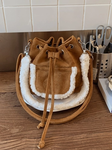 Damen Winter Faux Sherpa Plüsch Beuteltasche Polyester Patchwork Kordelzug Schultertasche Umhängetasche Pendler Handtasche