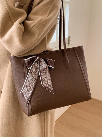Women Large Capacity PU Leather Tote Bag With Scarf Elegant Lychee Grain Shoulder Bag Minimalist Solid Color Commuting Handbag