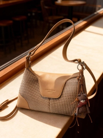 Vintage Γυναικεία Υφαντή Τσάντα Ώμου Patchwork Retro PU Δερμάτινη Τσάντα Μασχάλης Με Αρκουδάκι Κομψή Τσάντα Χειρός