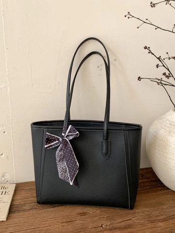 Women Large Capacity PU Leather Tote Bag With Scarf Elegant Lychee Grain Shoulder Bag Minimalist Solid Color Commuting Handbag