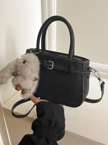 Women Urban Simple PU Leather Handbag Contrast Stitching Crossbody Bag Fashion Square Shoulder Bag With Plush Rabbit Pendant