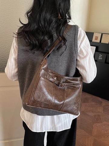 Bolso Bandolera de Cuero PU de Gran Capacidad Vintage para Mujer Retro Color Sólido Tote Bolso de Hombro Moda Bolso