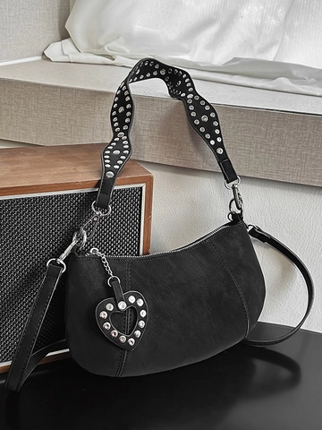 Borsa a Tracolla a Mezzaluna in Pelle PU Vintage per Donna Elegante Borsa Hobo con Borchie e Ciondolo a Cuore Retro
