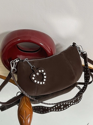 Borsa a Tracolla a Mezzaluna in Pelle PU Vintage per Donna Elegante Borsa Hobo con Borchie e Ciondolo a Cuore Retro