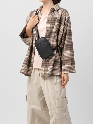 Sac Bandoulière Décontracté en Cuir PU Motif Litchi pour Femmes Petit Sac de Téléphone Portable Sac à Épaule Léger Noir
