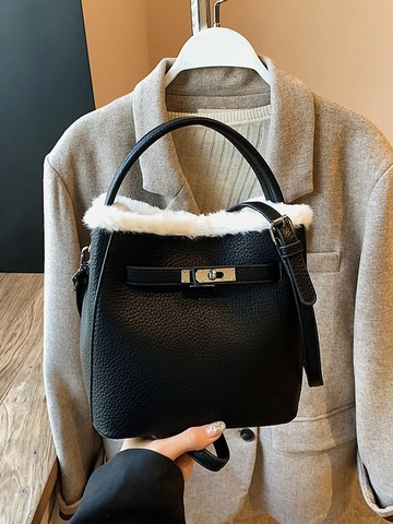 Women Winter Plush Trim Bucket Bag Litchi Texture PU Leather Handbag With Metal Lock Large Capacity Shoulder Bag Fashion