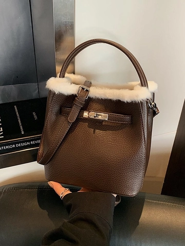 Women Winter Plush Trim Bucket Bag Litchi Texture PU Leather Handbag With Metal Lock Large Capacity Shoulder Bag Fashion