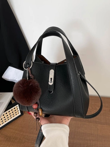 Vintage PU Leather Bucket Bag For Women Retro Litchi Pattern Handbag With Detachable Shoulder Strap And Inner Pouch Bag