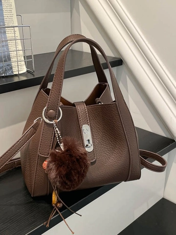 Vintage PU Leather Bucket Bag For Women Retro Litchi Pattern Handbag With Detachable Shoulder Strap And Inner Pouch Bag