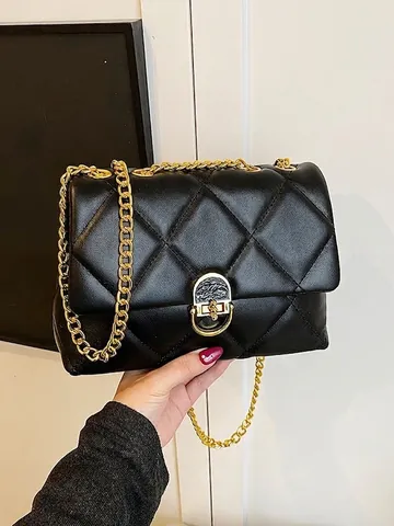 Borsa a Tracolla Trapuntata da Donna in Pelle PU con Motivo a Rombi Borsa Quadrata con Catena e Serratura in Metallo