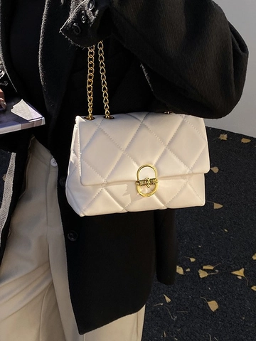 Borsa a Tracolla Trapuntata da Donna in Pelle PU con Motivo a Rombi Borsa Quadrata con Catena e Serratura in Metallo