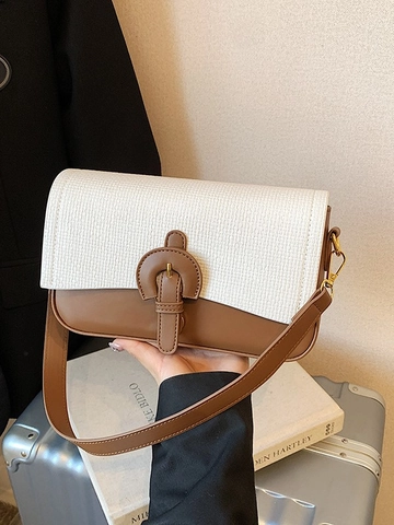 Piccola Borsa a Spalla Quadrata in Pelle PU Minimalista per Donna Texture Intrecciata Fibbia in Metallo Borsa a Tracolla Moda Inverno
