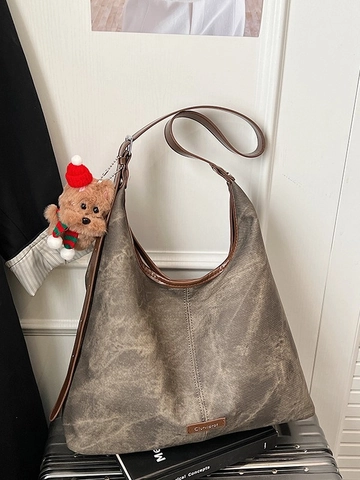 Borsa Tote in Pelle PU a Grande Capacità con Textura a Marmo Vintage Per Donna Ufficio Pendolare Borsa a Tracolla con Ciondolo a Orso