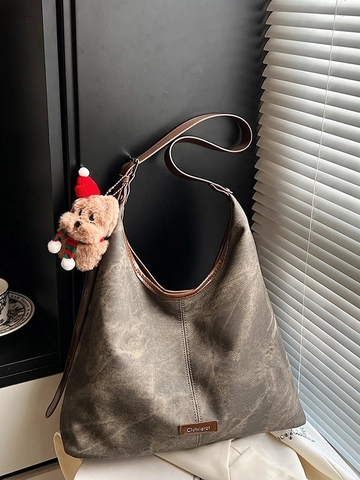 Borsa Tote in Pelle PU a Grande Capacità con Textura a Marmo Vintage Per Donna Ufficio Pendolare Borsa a Tracolla con Ciondolo a Orso