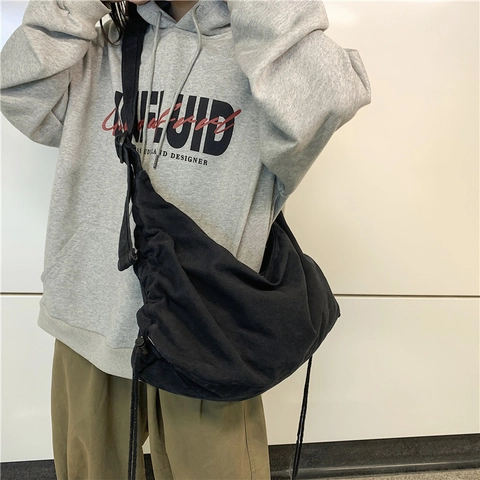 Dames Canvas Grote Capaciteit Schoudertas Harajuku Street Style Trekkoord Geplooide Hobo Tas Casual Crossbody Tas Voor Studenten